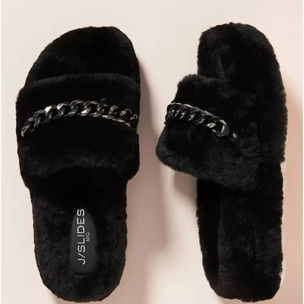 J Slides Billie Slippers Womens Size 9 Black Shearling Wool Fuzzy Chain Accent